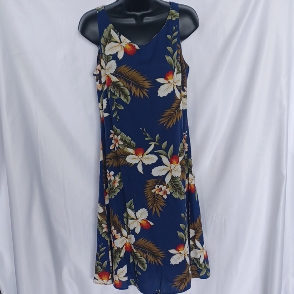 Two Palms Hawaiian Dress Orchids and Ferns Blue and Cream